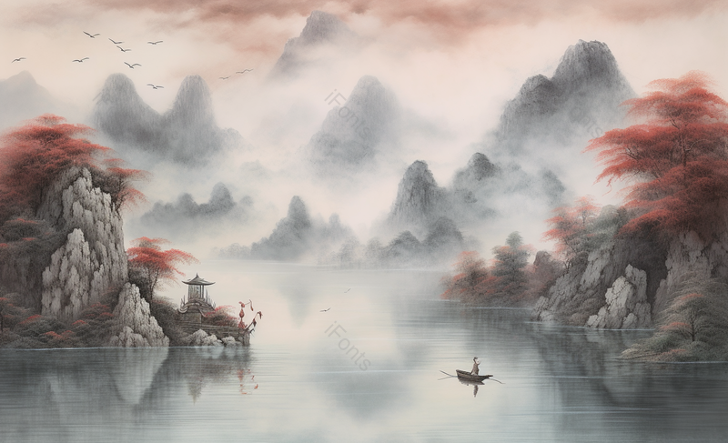中国风国风新中式彩色水墨山水画平静的湖泊小船客船远处山峰云雾背景插画,插画/手绘图,插画/手绘图库,插画/手绘图下载,插画/手绘